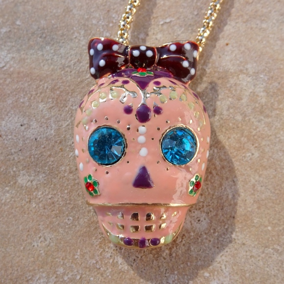Peachy Pink Sugar Skull Creepy Chic Day of the Dead Girly Goth Necklace - Picture 1 of 8